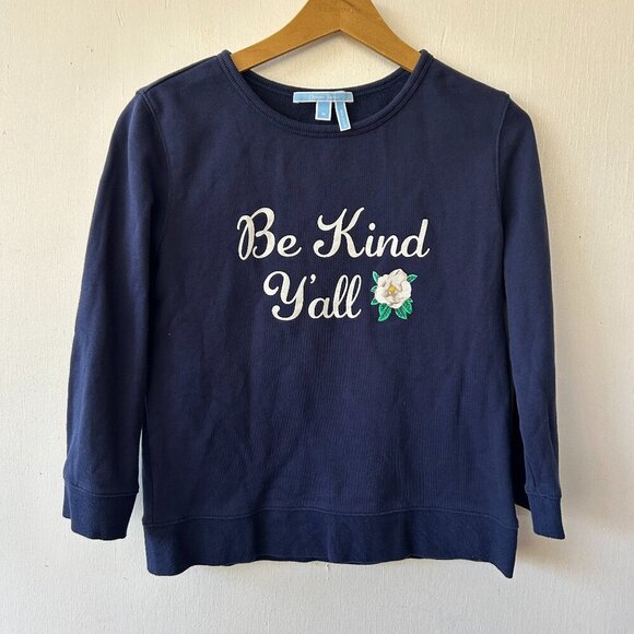 Draper James Be Kind Yall Sweatshirt Womens Medium Blue Floral Pullover - Picture 1 of 4